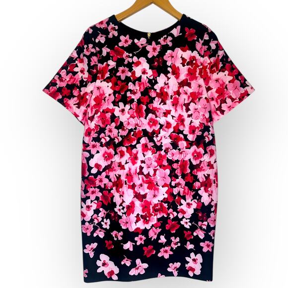 Eliza J NWT Women's Short Sleeve Shift Dress Size 4P Black Pink Floral Scuba - Picture 13 of 13